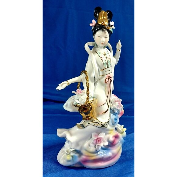 Vintage Delicate Porcelain Geisha Goddess Standing on Cloud With Flower Basket - Picture 2 of 16